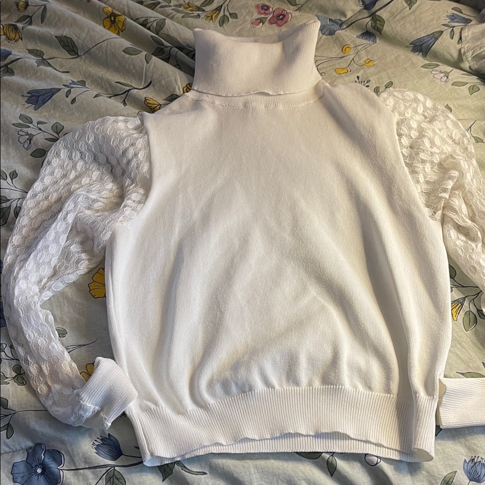White Turtleneck Sweater with Lace Sleeves